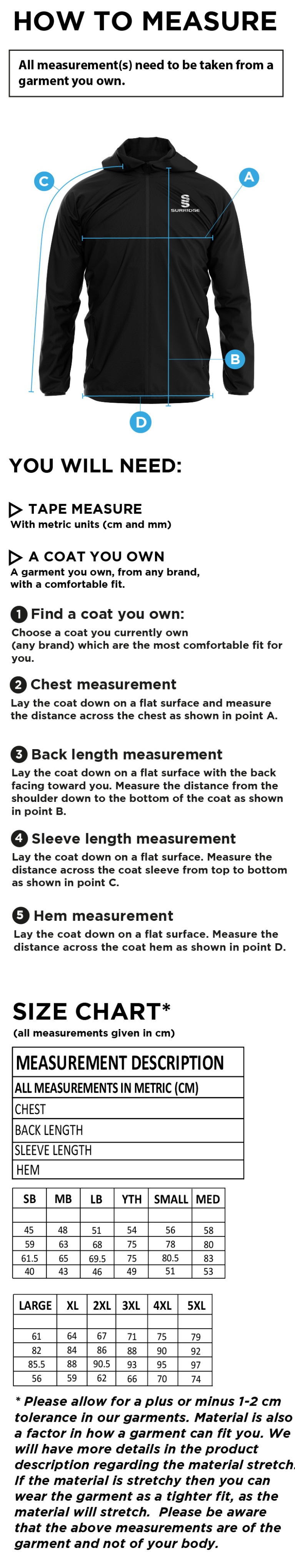 Yorxeter FC Training Jacket - Size Guide