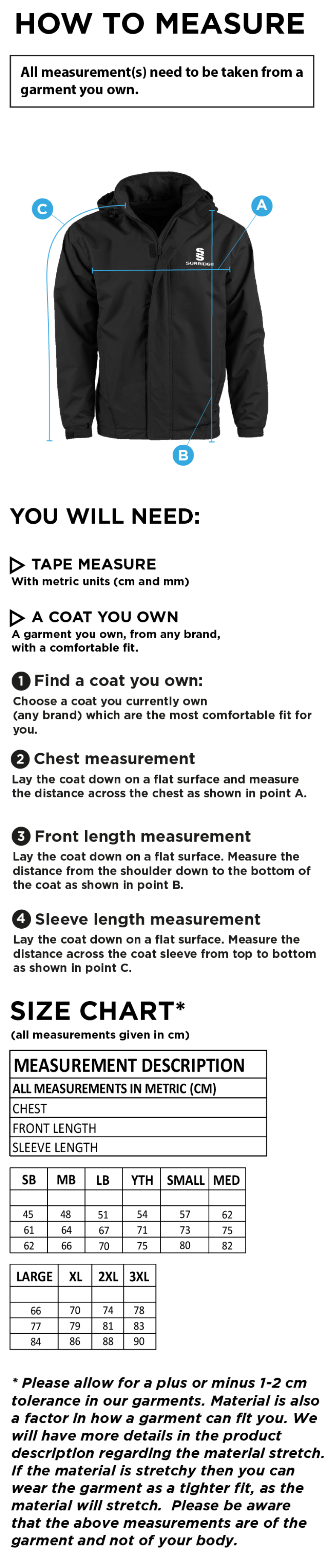 Yorxeter FC Fleeced Line Jacket - Size Guide