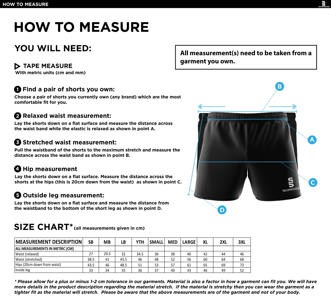 Yorxeter FC Shorts Black - Size Guide