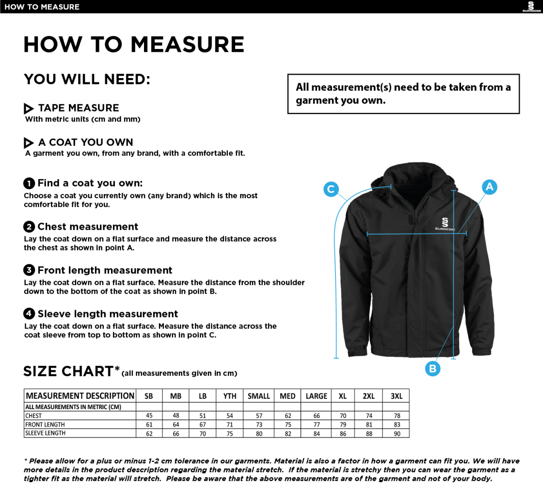 Yorxeter FC Fleeced Line Jacket - Size Guide
